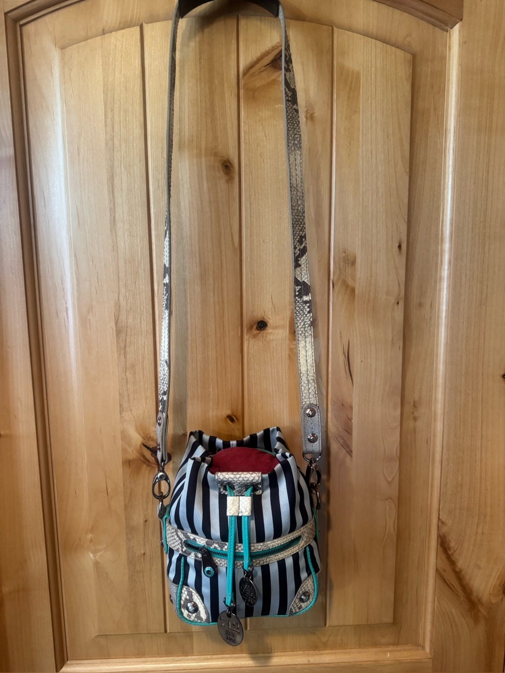 Henri Bendel Black & Silver stripes with Snake accents, turquoise trim Crossbody - Picture 9 of 11
